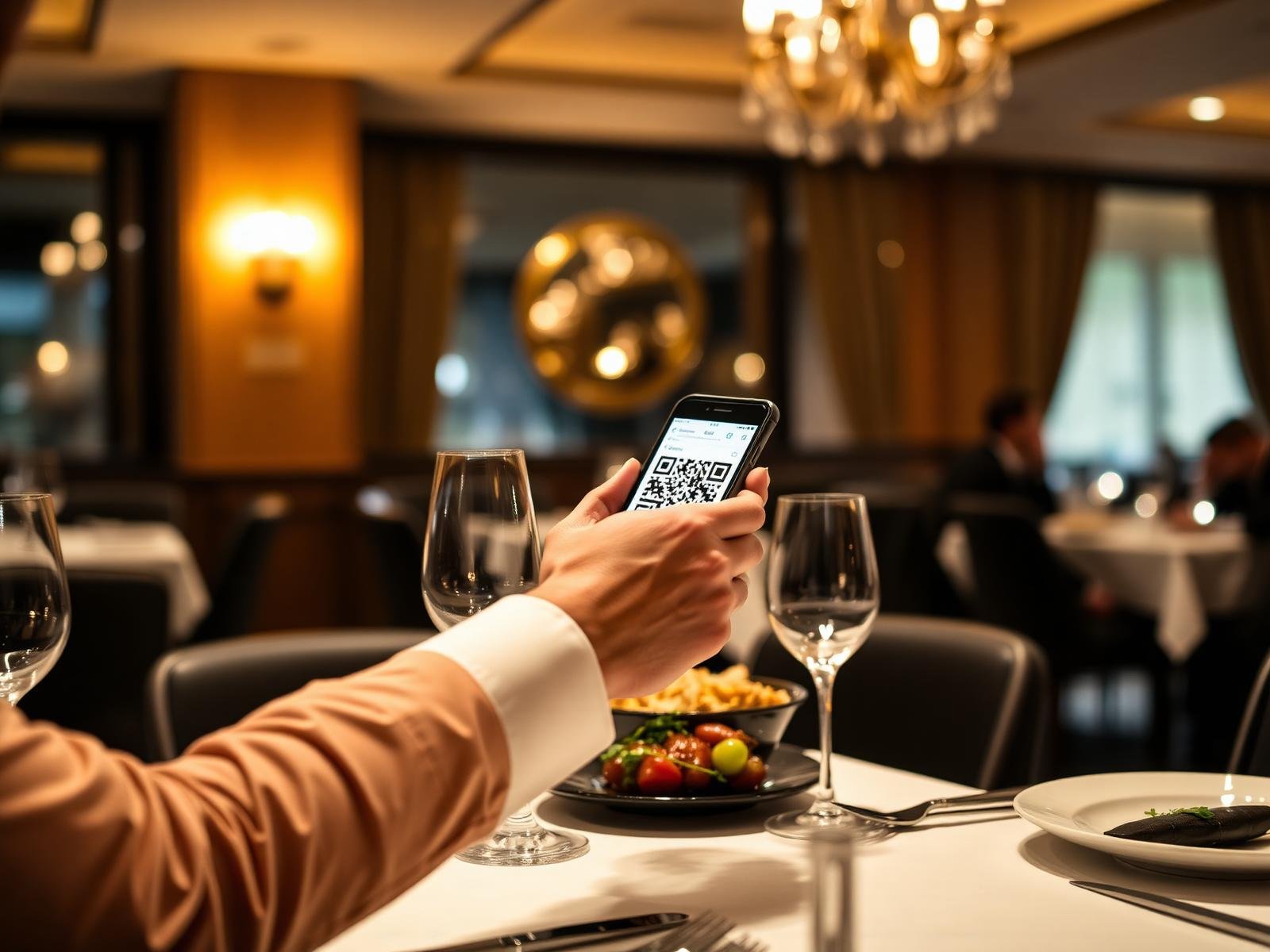 Guest scanning a QR menu at an elegant restaurant table